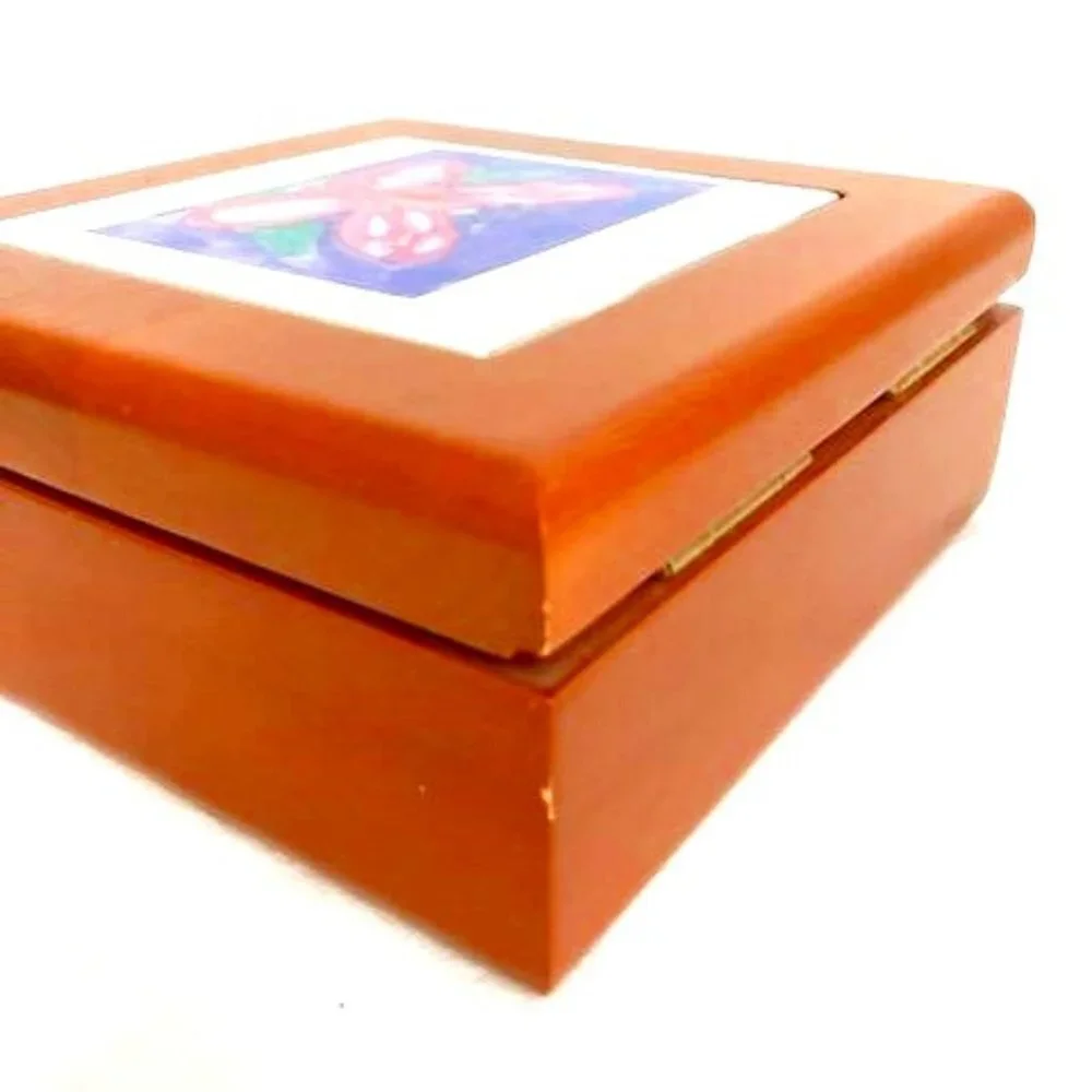 Vintage Wooden Jewelry Box w/ Butterfly‎ Decorative Tile